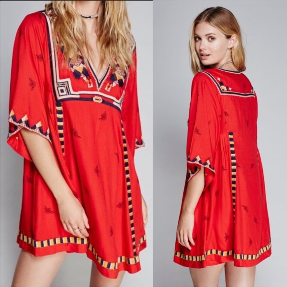 Free people tulum embroidered tunic dress flutter sleeve red combo
